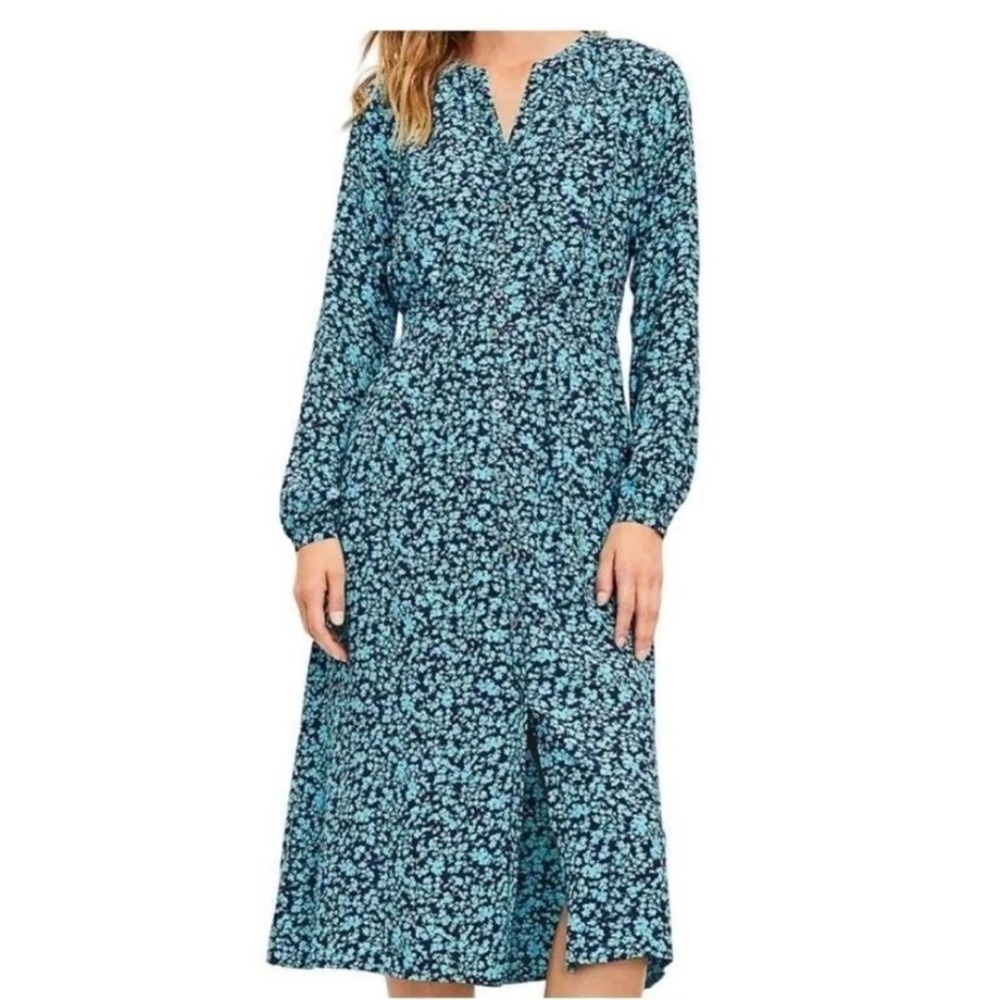 LOFT Ditsy Floral Midi Shirtdress Button Front Smocked Blue Boho Cottagecore 12